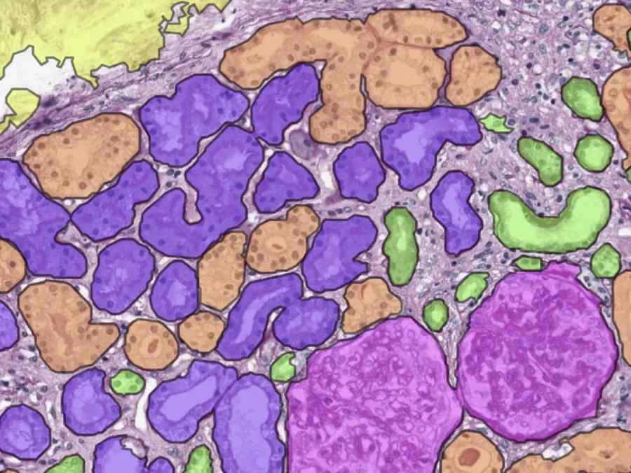 A PAS-stained kidney field segmented by Aiosyn, with each tubule, glomerulus and artery outlined and colored by class.