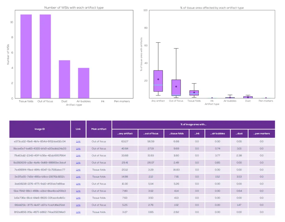 Two charts and a table from an assessment report: the number of whole-slide images carrying each artifact type, the share of tissue area affected per artifact type, and one row per image with its dominant artifact and its per-class area shares.