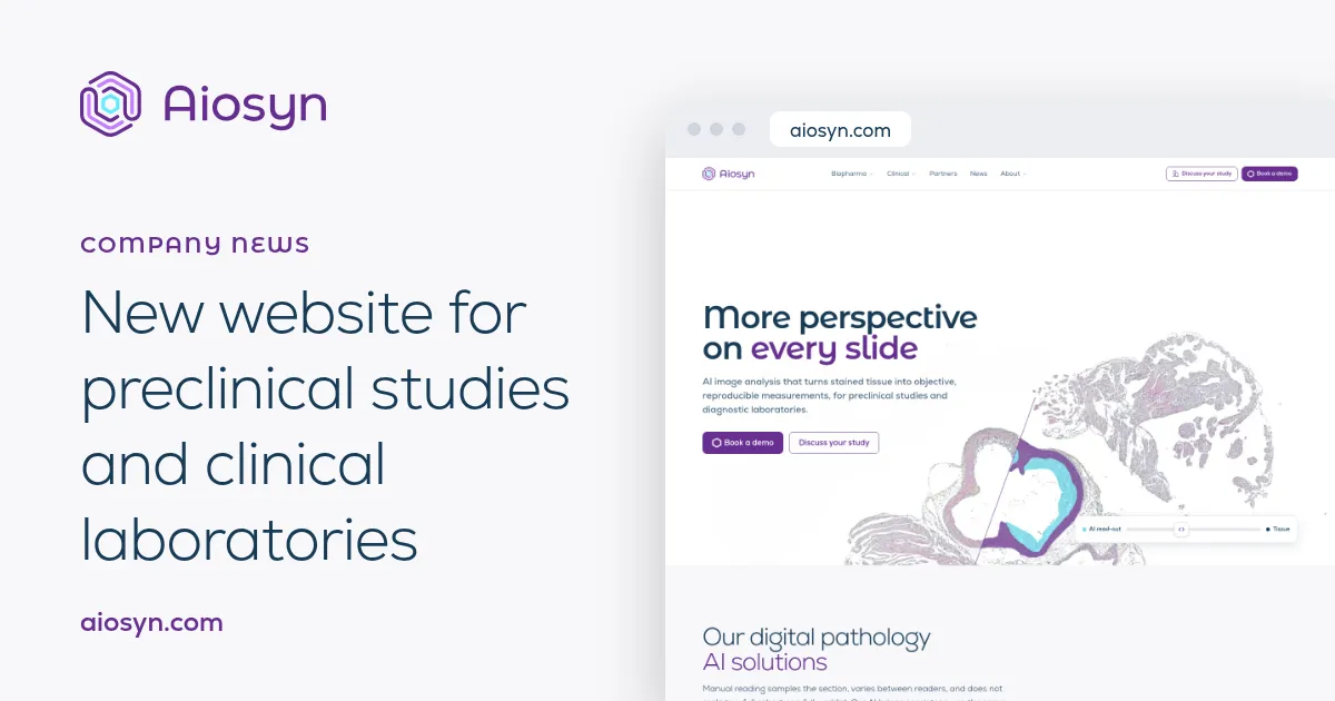 Aiosyn's new homepage in a browser window, next to the title: new website for preclinical studies and clinical laboratories.