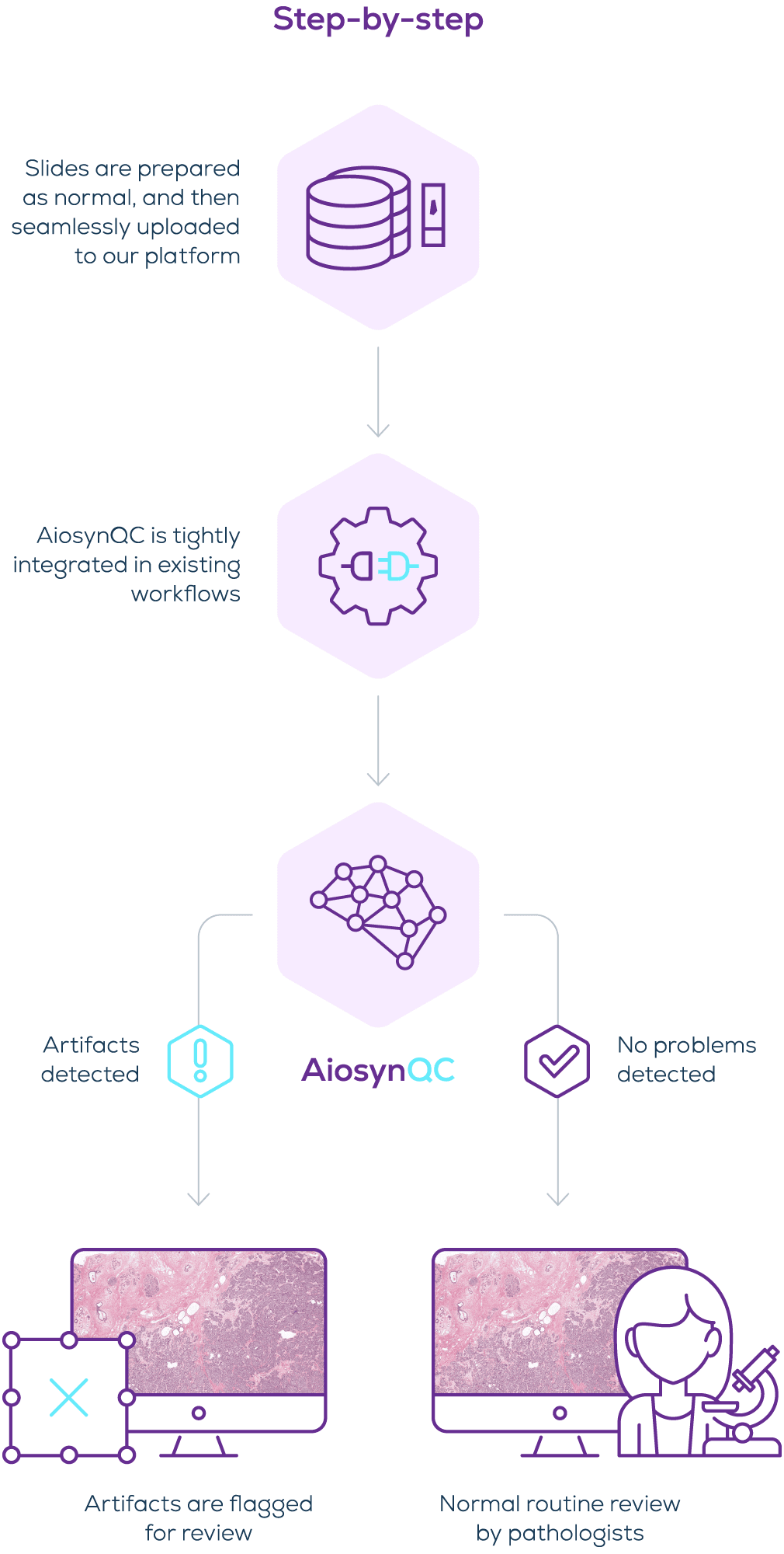 Step-by-step workflow of a digital pathology lab using slide quality control solution AiosynQC adapted for mobile users
