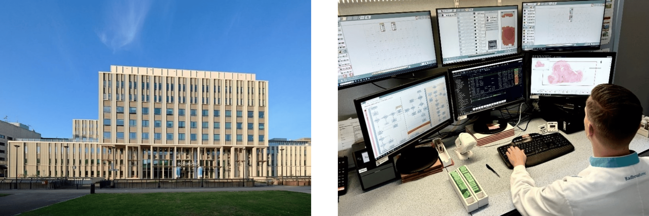 Left: Radboud university medical center's exterior from a small green area located in front of the main entrance. Right: Histology lab technician reviewing the automated quality control results from AiosynQC at Radboudumc's digital pathology laboratory.